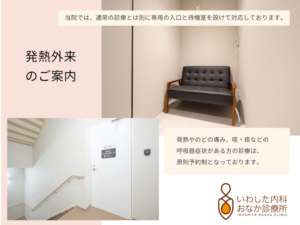 発熱外来のご案内 新型コロナウイルス、インフルエンザウイルス感染症などの発熱性疾患の診療も行っております。 発熱者には専用の入り口と待機室を準備しております。